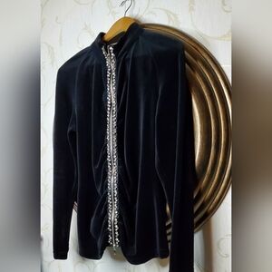 Neiman Marcus Exclusive Black Velour Rhinestone Zipper Jacket Medium Size Y2k